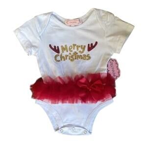 Popatu Christmas White Red Gold Glitter Tutu Bow Ruffle  Bodysuit Size 12M NWT
